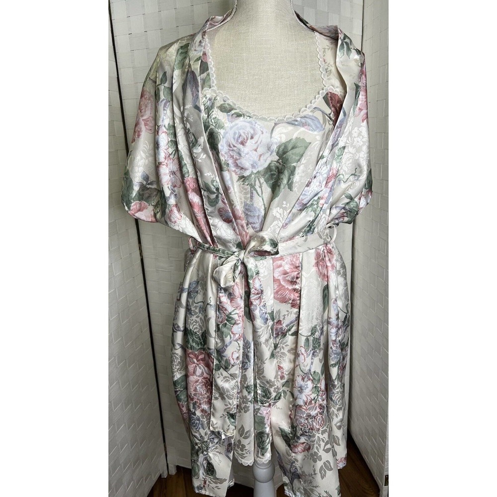 Vintage Pinx Nightgown & Robe Set Women’s Large Silky Satin Floral Intimate Wear